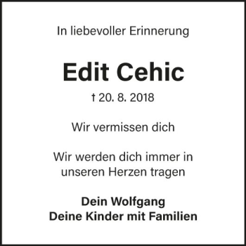 Traueranzeige von Edit Cehic von Fränkische Nachrichten