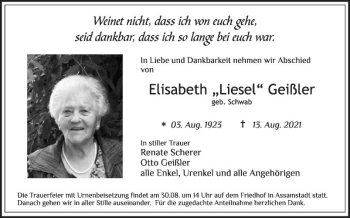 Traueranzeige von Elisabeth Geißler von Fränkische Nachrichten