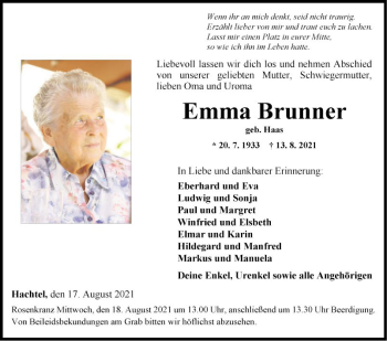 Traueranzeige von Emma Brunner von Fränkische Nachrichten