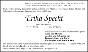 Traueranzeige von Erika Specht von Mannheimer Morgen