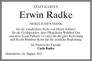 Traueranzeige von Erwin Radke von Mannheimer Morgen