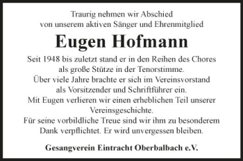 Traueranzeige von Eugen Hofmann von Fränkische Nachrichten