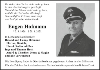 Traueranzeige von Eugen Hofmann von Fränkische Nachrichten