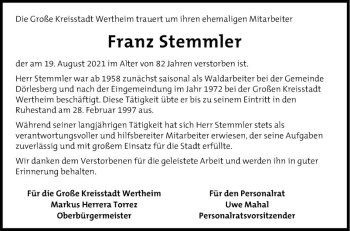 Traueranzeige von Franz Stemmler von Fränkische Nachrichten