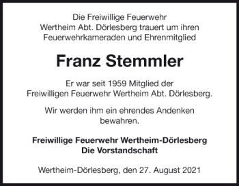 Traueranzeige von Franz Stemmler von Fränkische Nachrichten