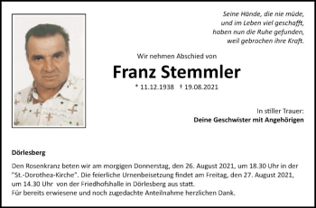 Traueranzeige von Franz Stemmler von Fränkische Nachrichten