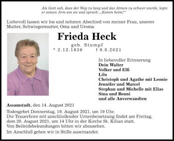 Traueranzeige von Frieda Heck von Fränkische Nachrichten