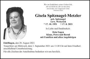 Traueranzeige von Gisela Spitznagel-Metzler von Fränkische Nachrichten