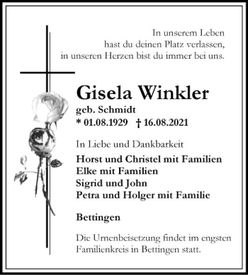 Traueranzeige von Gisela Winkler von Fränkische Nachrichten