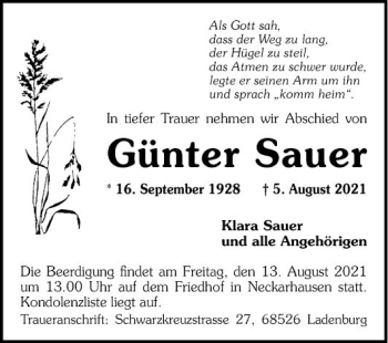 Traueranzeige von Günter Sauer von Mannheimer Morgen