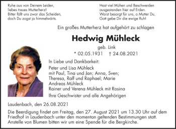 Traueranzeige von Hedwig Mühleck von Fränkische Nachrichten