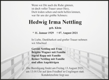 Traueranzeige von Hedwig Irma Nettling von Fränkische Nachrichten