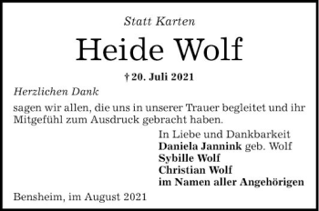 Traueranzeige von Heide Wolf von Bergsträßer Anzeiger