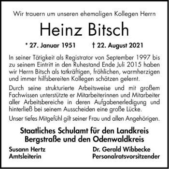 Traueranzeige von Heinz Bitsch von Bergsträßer Anzeiger