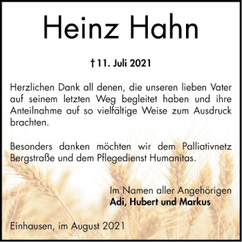 Traueranzeige von Heinz Hahn von Bergsträßer Anzeiger