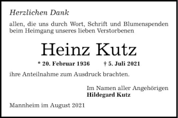 Traueranzeige von Heinz Kutz von Mannheimer Morgen