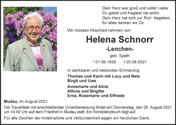 Traueranzeige von Helena Schnorr von Fränkische Nachrichten