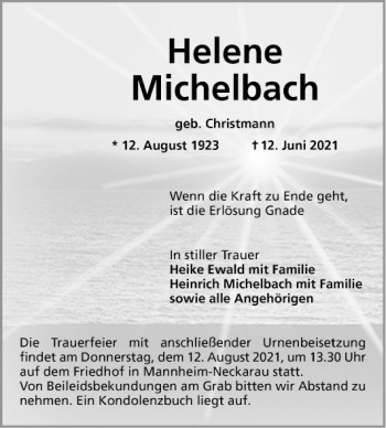 Traueranzeige von Helene Michelbach von Mannheimer Morgen