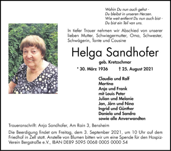 Traueranzeige von Helga Sandhofer von Bergsträßer Anzeiger