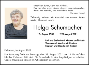 Traueranzeige von Helga Schumacher von Bergsträßer Anzeiger