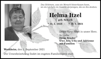 Traueranzeige von Helma Itzel von Fränkische Nachrichten