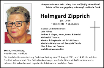 Traueranzeige von Helmgard Zipprich von Fränkische Nachrichten