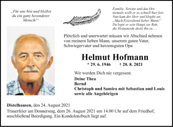 Traueranzeige von Helmut Hofmann von Fränkische Nachrichten