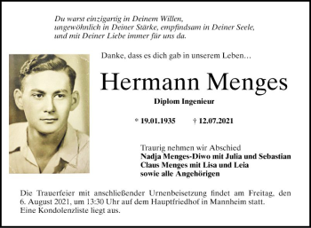 Traueranzeige von Hermann Menges von Mannheimer Morgen
