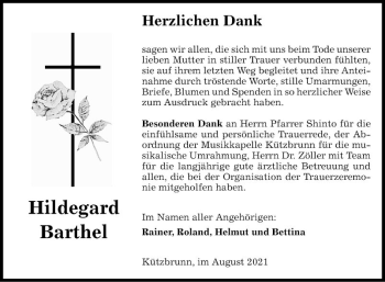 Traueranzeige von Hildegard Barthel von Fränkische Nachrichten