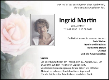 Traueranzeige von Ingrid Martin von Fränkische Nachrichten