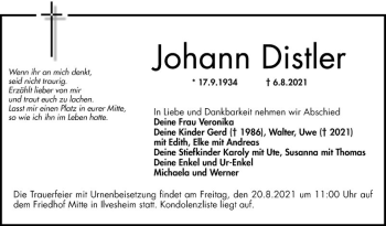 Traueranzeige von Johann Distler von Mannheimer Morgen