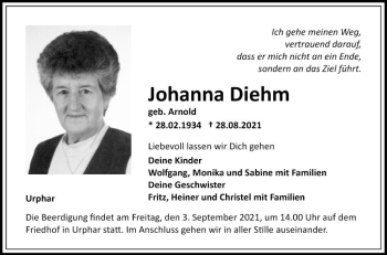 Traueranzeige von Johanna Diehm von Fränkische Nachrichten