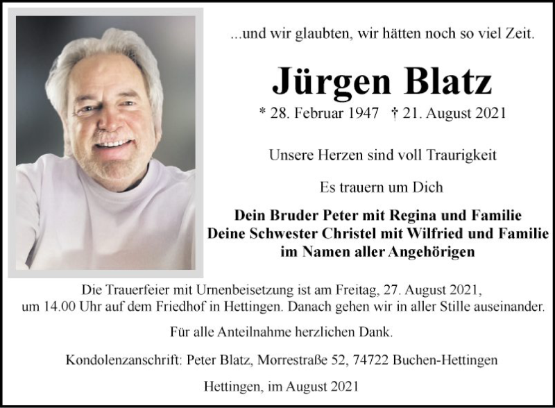  Traueranzeige für Jürgen Blatz vom 25.08.2021 aus Fränkische Nachrichten