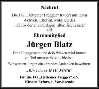 Traueranzeige von Jürgen Blatz von Fränkische Nachrichten