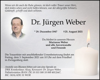 Traueranzeige von Jürgen Weber von Bergsträßer Anzeiger