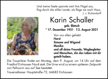 Traueranzeige von Karin Schaller von Bergsträßer Anzeiger