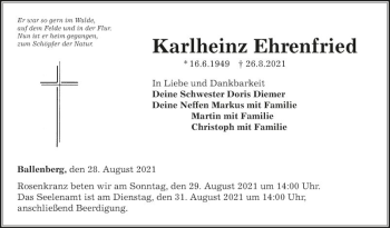 Traueranzeige von Karlheinz Ehrenfried von Fränkische Nachrichten