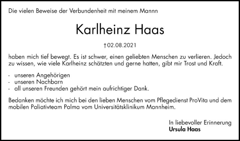  Traueranzeige für Karlheinz Haas vom 28.08.2021 aus Mannheimer Morgen
