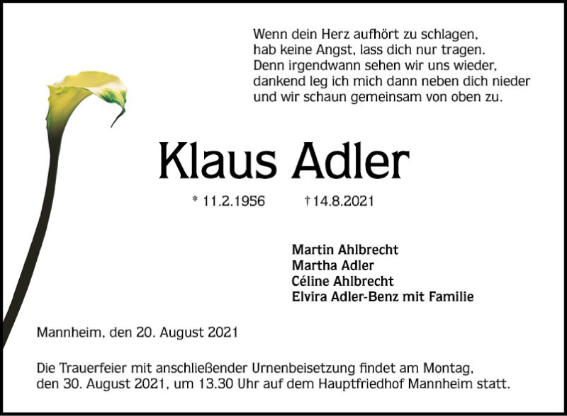  Traueranzeige für Klaus Adler vom 20.08.2021 aus Mannheimer Morgen