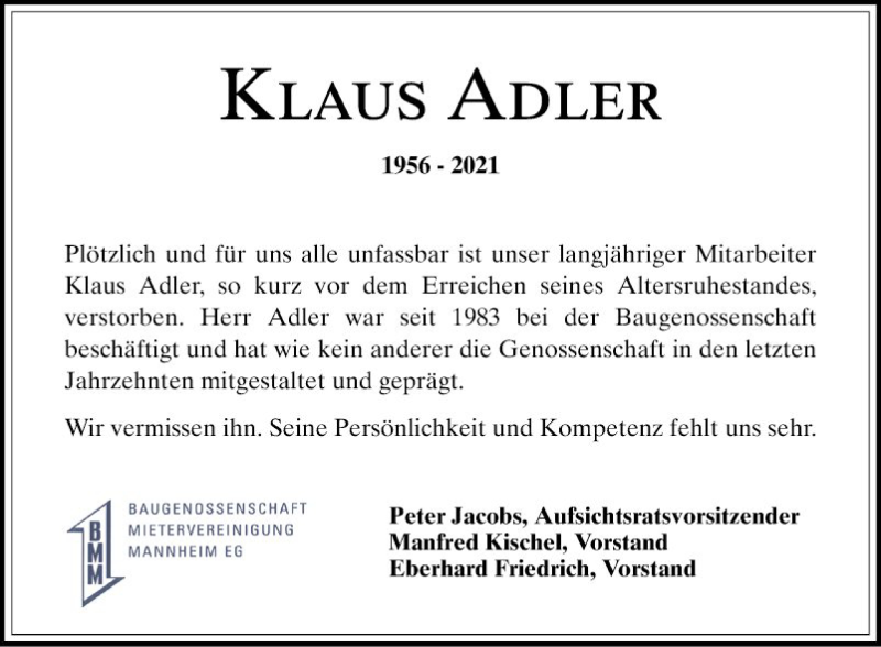  Traueranzeige für Klaus Adler vom 20.08.2021 aus Mannheimer Morgen