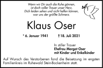 Traueranzeige von Klaus Oser von Mannheimer Morgen