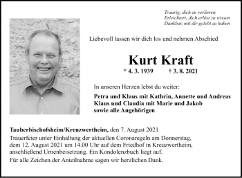 Traueranzeige von Kurt Kraft von Fränkische Nachrichten