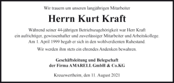 Traueranzeige von Kurt Kraft von Fränkische Nachrichten