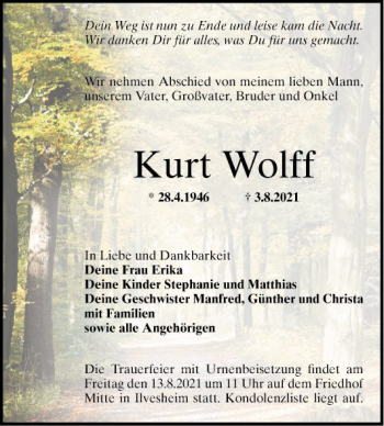 Traueranzeige von Kurt Wolff von Mannheimer Morgen