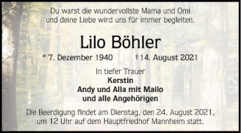 Traueranzeige von Lilo Böhler von Mannheimer Morgen