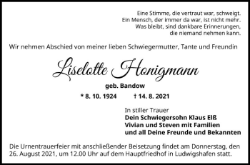 Traueranzeige von Liselotte Honigmann von Mannheimer Morgen