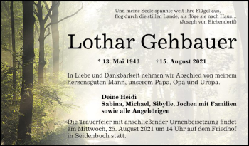 Traueranzeige von Lothar Gehbauer von Bergsträßer Anzeiger