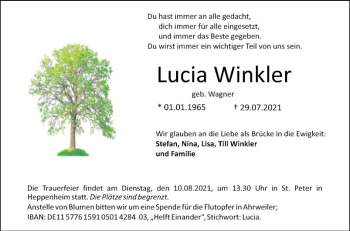 Traueranzeige von Lucia Winkler von Bergsträßer Anzeiger