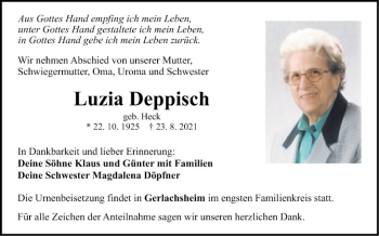 Traueranzeige von Luzia Deppisch von Fränkische Nachrichten