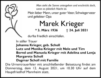 Traueranzeige von Marek Krieger von Mannheimer Morgen